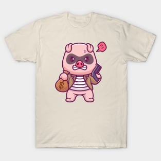 Cute Pig Thief Holding Money And Gun Cartoon T-Shirt